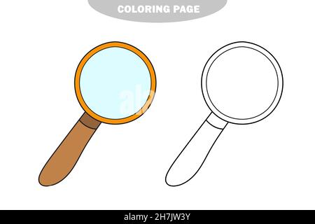 Simple coloring page. Coloring book, magnifying glass vector image for kids. Color and black and white version Stock Vector