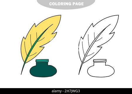 Simple coloring page. Inkpot and feather. Cartoon style vector illustration icons. Isolated on white background. Color and black and white version Stock Vector