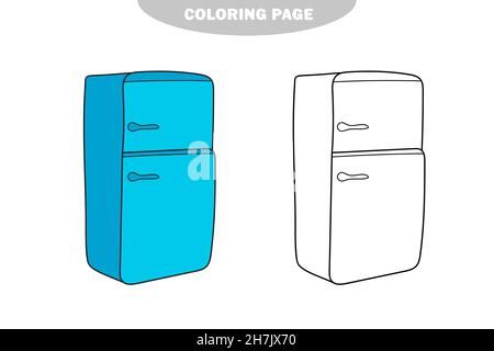 Simple coloring page. Coloring book pages for kids - Kitchen -Refrigerator. Vector Illustration. Color and black and white version Stock Vector