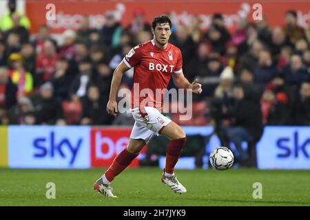 NOTTINGHAM, GBR. NOV 23RD Scott McKenna of Nottingham Forest runs with the ball during the Sky Bet Championship match between Nottingham Forest and Luton Town at the City Ground, Nottingham on Tuesday 23rd November 2021. (Credit: Jon Hobley | MI News) Credit: MI News & Sport /Alamy Live News Stock Photo