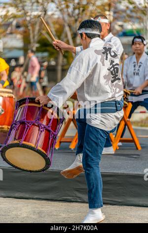 Traditional taiko drummers during a competition in Tokyo, Japan Stock Photo