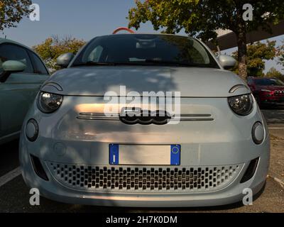 Turin, Italy - 14 october 2021: the unmistakable shape of the Fiat 500, an example of Italian design Stock Photo