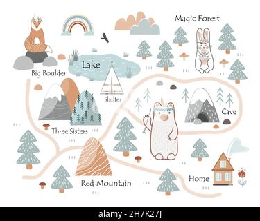 .Cartoon world map for kids nursery with forest animals. Children ...