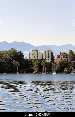 View of Seeshaupt and the Alpine chain, Starnberger See, 5-Seen-Land, Upper Bavaria, Bavaria, Germany Stock Photo