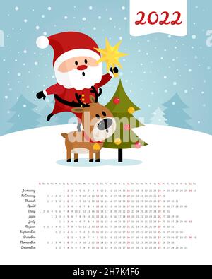 Calendar 2022 year. Santa Claus on deer hanging star on Christmas tree. Merry Christmas and Happy New Year. Color vector template. Week starts on Sund Stock Vector