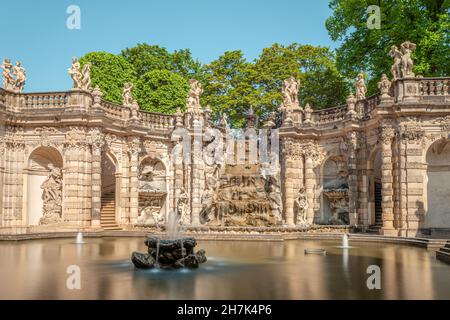 Nymphenbad fountain in the Zwinger with a view of the Grosse Kaskade, Dresden, Saxony, Germany Stock Photo