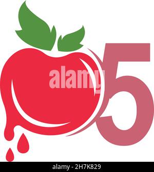 Number 5 with tomato icon logo design template illustration vector Stock Vector