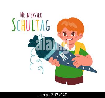 A happy first-grader boy holding a school cone,schultuete.Text in German-my first day of school.Enrolment in the school.German tradition.Illustration Stock Vector