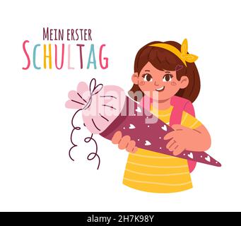 A happy first-grader girl holding a school cone,schultuete.Text in German-my first day of school.Enrolment in the school.German tradition.Illustration Stock Vector