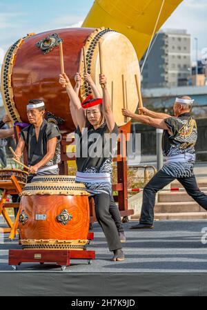 Traditional taiko drummers during a competition in Tokyo, Japan Stock Photo