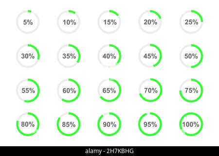 Round loading bars with percentage numbers divided on segments from 1 to 20. Progress, waiting or download symbols set. Infographic animation elements for website interface. Vector flat illustration. Stock Vector