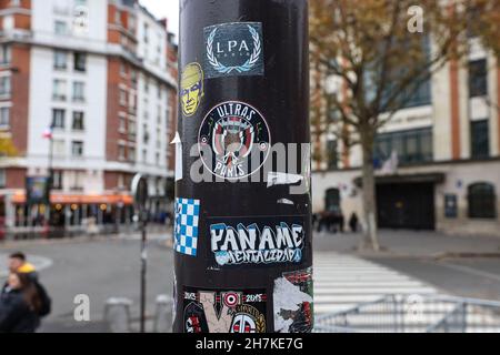 Paris, France, 20th November 2021. Adhesives of Ultras fans groups are seen attached to lampposts outside the stadium prior to the Ligue 1 match at Le Parc des Princes, Paris. Picture credit should read: Jonathan Moscrop / Sportimage Stock Photo