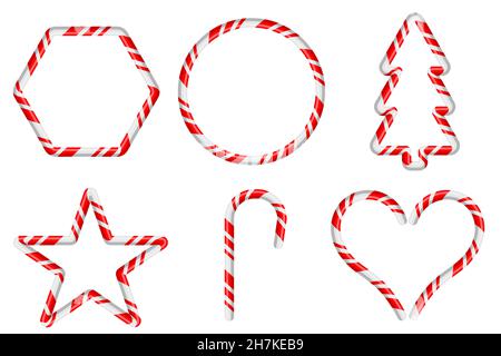 Various Christmas decorations and frames with candy cane patterns isolated on white background. Flat design vector illustration Stock Vector