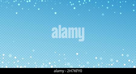 Magic stars random Christmas background. Subtle flying snow flakes and stars on blue transparent background. Amusing winter silver snowflake overlay t Stock Vector