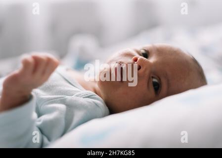 Portrait of newborn baby lying in bed. Side view. Stock Photo