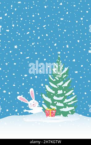 Christmas Winter Scene Upright Orientation. Hare Near Fir Tree. Stock Vector