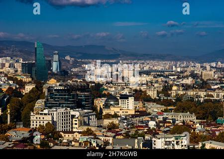 Tbilisi cityscape from hilltop of Narikala castle in Old Tbilisi, capital city of Georgia Stock Photo