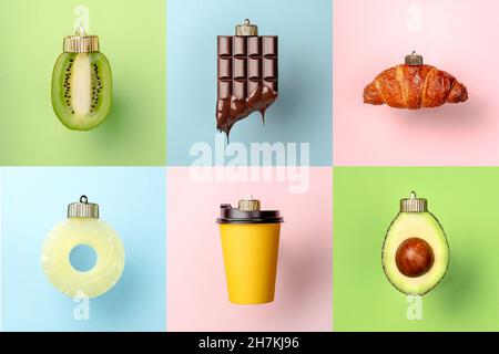 Collage of christmas bauble decorations made from kiwi chocolate bar croissant avocado pineapple and coffee cup on bright background. Stock Photo