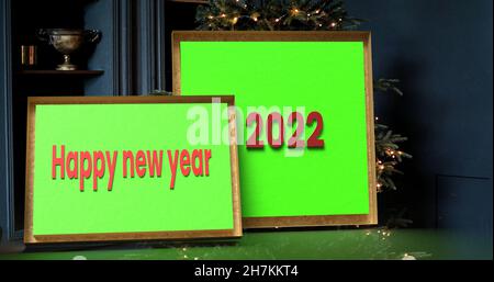 3D illustration of a wooden picture frame with green paper and the inscription happy new year 2022