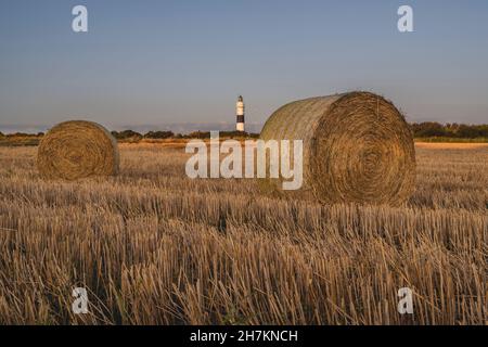 Hay bales drying in field with Kampen Lighthouse in background Stock Photo