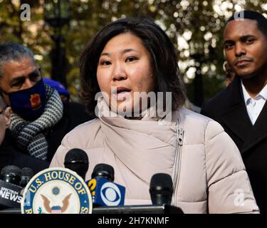 New York, United States. 23rd Nov, 2021. U.S. Representative Grace Meng (D-NY) speaks at a press conference about the benefits of the Build Back Better (BBB) legislation recently passed by the House of Representatives. Credit: SOPA Images Limited/Alamy Live News Stock Photo