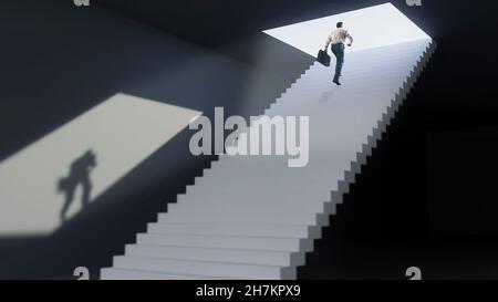 Businessman with briefcase moving up on steps Stock Photo
