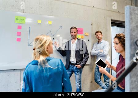 Smiling businessman giving presentation to colleagues at whiteboard Stock Photo