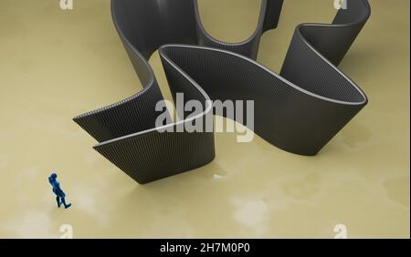 Three dimensional render of abstract mannequin holding bunch of levitating disks and cubes Stock Photo