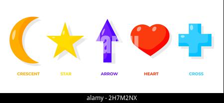 Flat cartoon geometric forms icons set. Colorful basic math shapes with names as crescent, star, arrow, cross, heart. Educational material for preschool kids. Isolated on white vector illustration Stock Vector