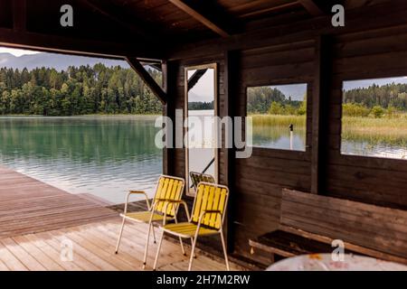 Chairs in hut at Lake Faak, Carinthia, Austria Stock Photo