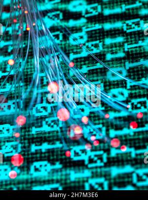 Fiber optics carrying computer virus attacking binary code Stock Photo