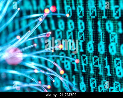 Fiber optics carrying computer virus attacking binary code Stock Photo