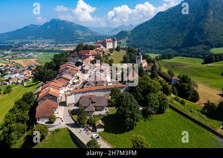 Switzerland, Canton of Fribourg, Gruyeres, Aerial view of Gruyeres Castle in summer Stock Photo