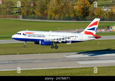 British Airways Airbus A319 aircraft landing at Zurich. Airplane G-DBCF of British Airways used for short haul flights. Stock Photo