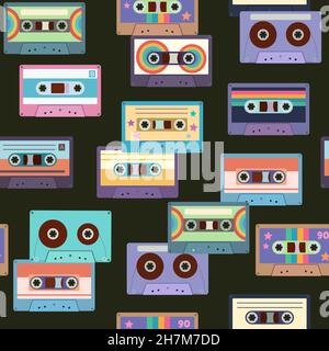 Seamless pattern with colorful cassette tapes. Retro trendy background for design and accessories. Stock Vector