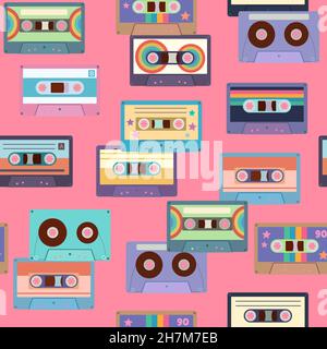 Seamless pattern with colorful cassette tapes. Retro trendy background for design and accessories. Stock Vector