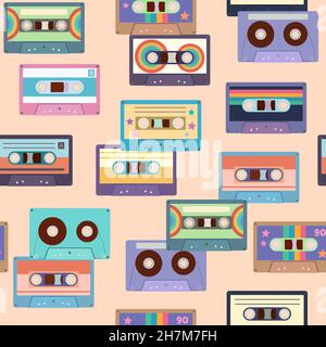 Seamless pattern with colorful cassette tapes. Retro trendy background for design and accessories. Stock Vector