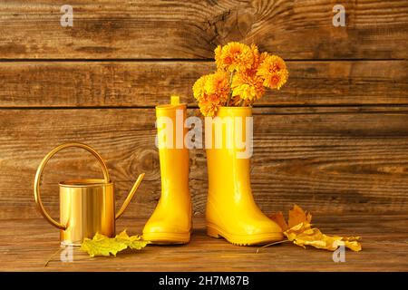 Pair of yellow rubber boots, watering can and flowers on wooden background Stock Photo