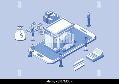 online banking or digital bank concept with money people and banks building with outline isometric style vector illustration Stock Photo