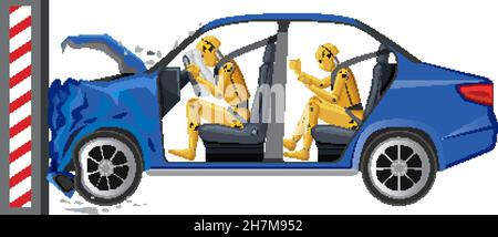 Crash test dummy with broken car illustration Stock Vector