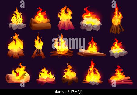 Set of burning fire flames, campfire with logs and woods. Stone hearth, bonfire blaze glow effect. Shining inferno, blazing ignition tongues isolated on black or background Cartoon vector illustration Stock Vector