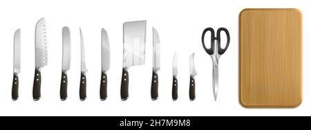 Chef and butcher knives, cutting board and scissors for cooking. Vector realistic set of 3d kitchen tools, metal knives with sharp blades and black handles, axe for meat and wooden plank Stock Vector