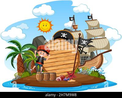 Pirate island with an empty banner isolated on white background illustration Stock Vector
