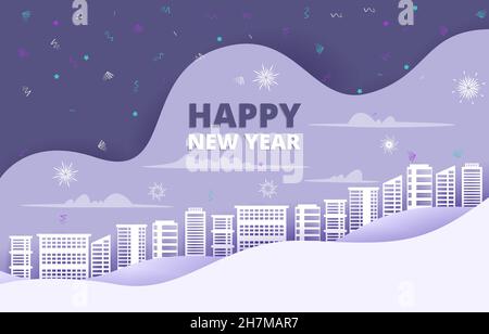 Fireworks City Building Happy Winter New Year Paper Cut Illustration Stock Vector