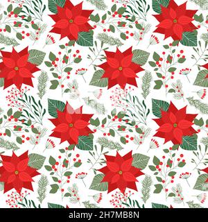 Merry Christmas seamless pattern illustration of winter nature plant decoration in flat cartoon style. Natural flower background for holiday celebrati Stock Vector