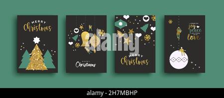 Merry christmas elegant greeting card set. Small people characters playing with holiday ornament baubles made of gold glitter. Stock Vector