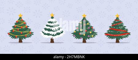 Christmas pine tree cartoon set with festive ornament bauble and winter holiday garland decoration. Hand drawn style design on isolated background. Stock Vector