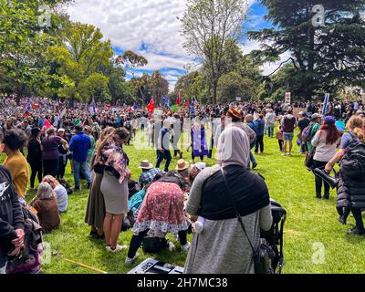 Melbourne, Victoria Australia - November 20 2021: Flagstaff Gardens Thousands gather at the Freedom March and Kill the Bill Peaceful Protest Rally
