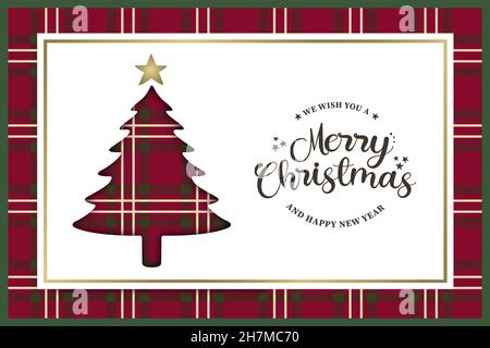 Merry Christmas Happy New Year greeting card illustration. Pine tree cartoon with red xmas plaid fabric texture. Vintage style design for holiday cele Stock Vector