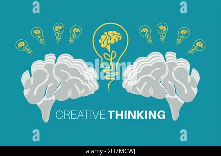Creative thinking, creative brain idea concept with brain lightbulbs, background. Flat design. Perfect for poster, flyer, presentation or brochure. Stock Vector